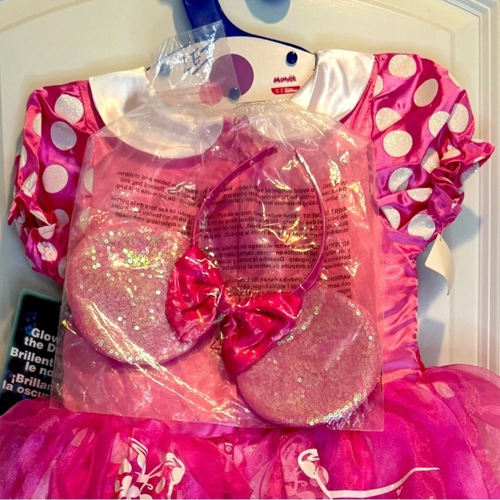 Disney Minnie Mouse Pink Dress Costume w/ ears, Glows in the Dark, Size 7/8.